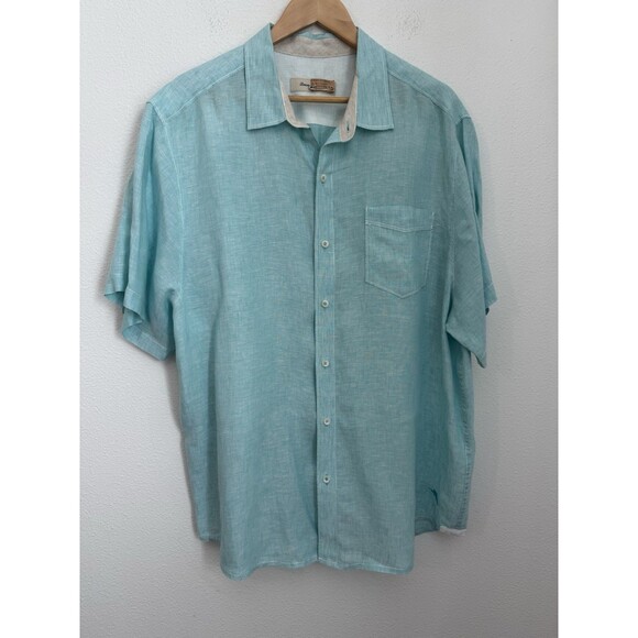 Tommy Bahama Shirt Men’s XL 100% Linen Short Sleeve Button Up Green Travel EUC - Picture 1 of 7